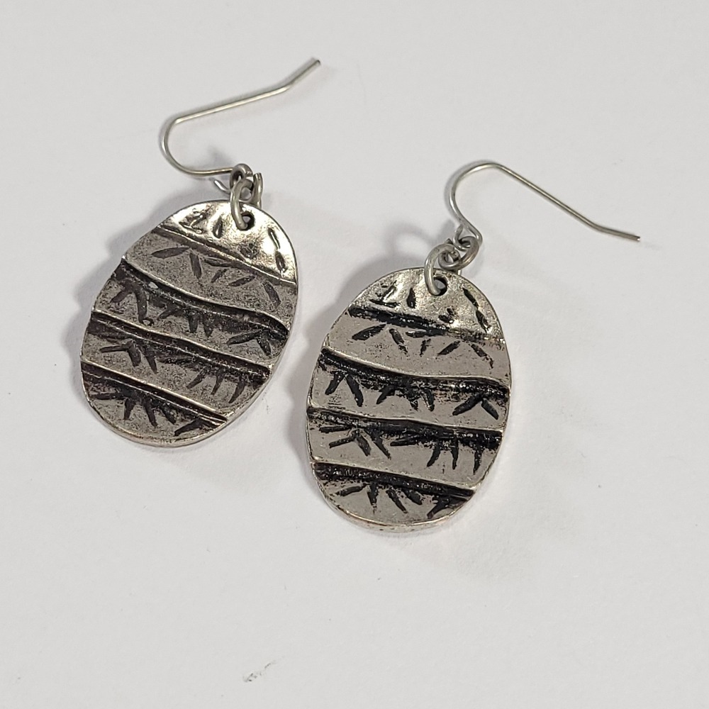 Artisan Oval Drop Earrings Womens Silver Tone Etched Bamboo Textured Dangl